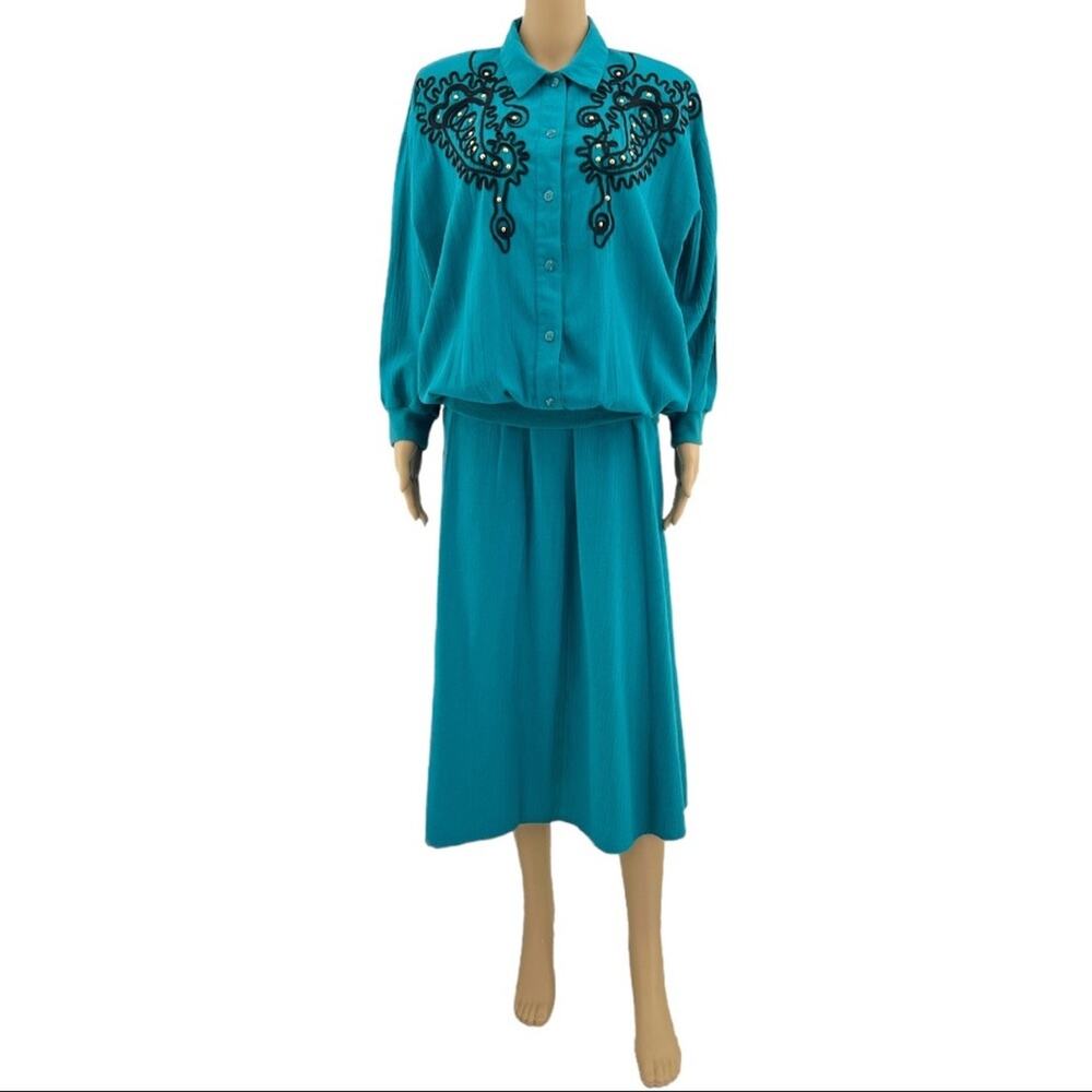 Adolfo LARGE American VINTAGE 80s Blue Country Western Embroidered Skirt Set